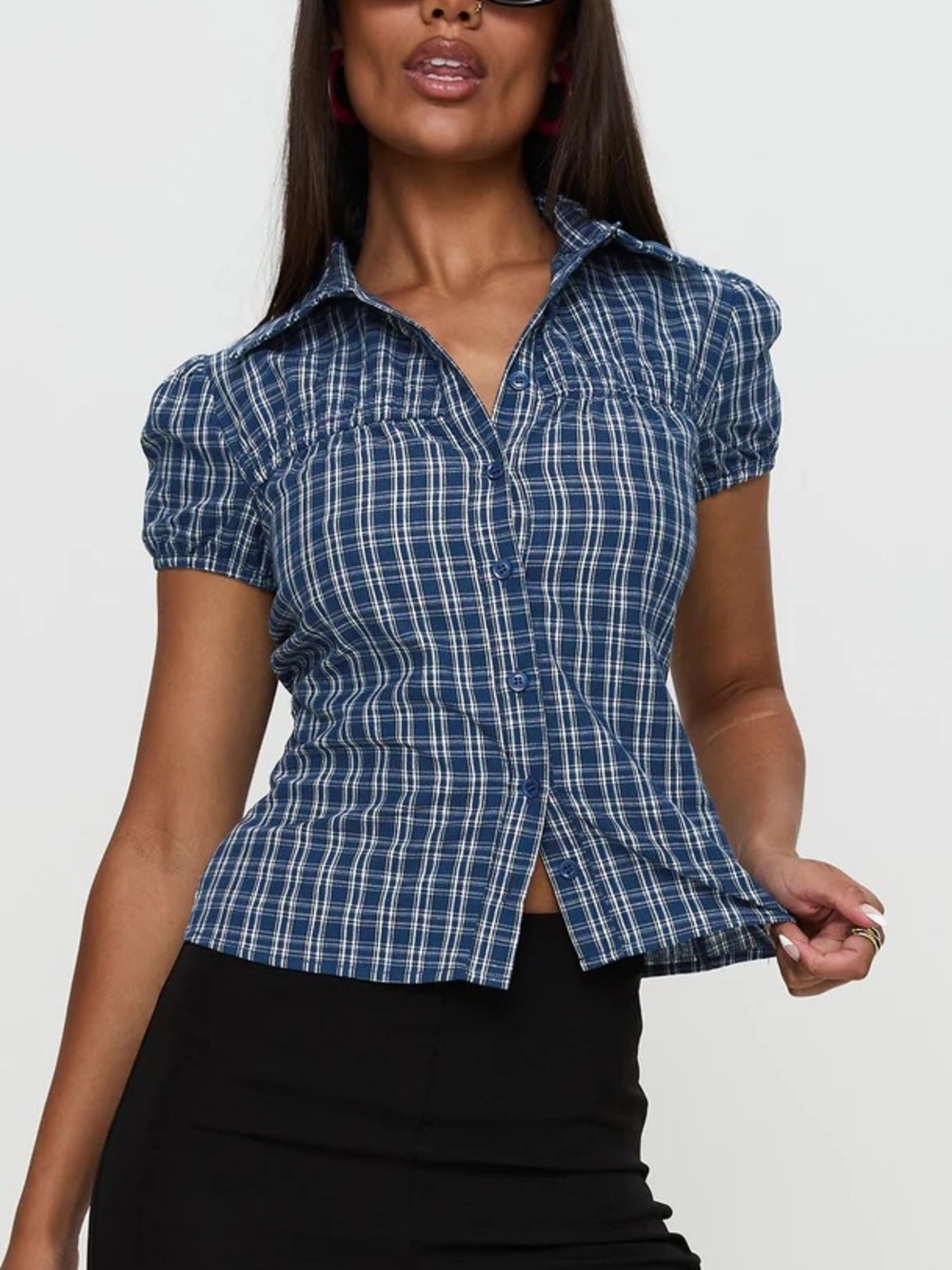 Princess Polly NWT Separate Scenes Button Up Blue Plaid Blouse Size 4 - Picture 2 of 6